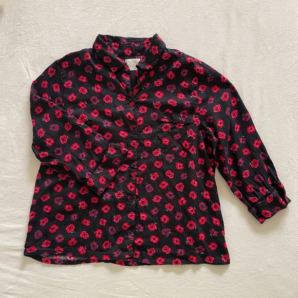 Kate Spade Sleepwear Top 3/4 Length Sleeve Floral Button Down Black Red Size L - Picture 2 of 6